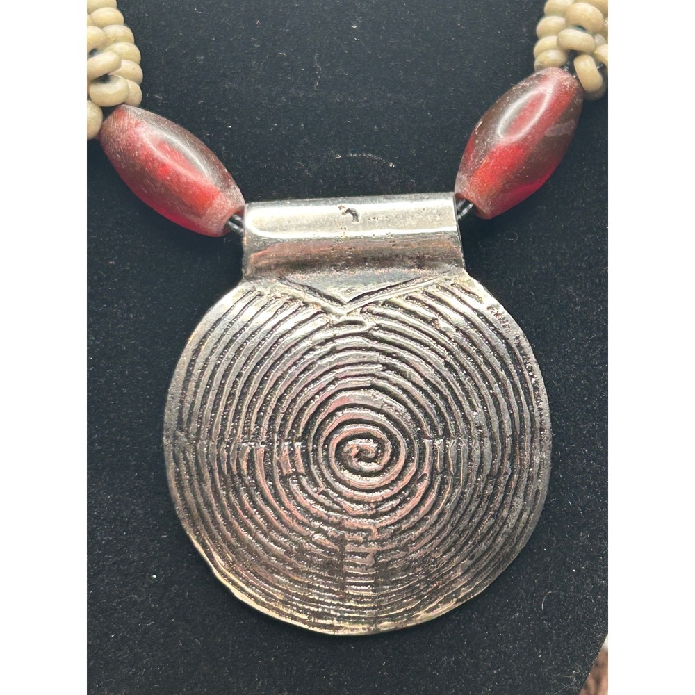 Artisan Multi Strand Seed Bead Necklace Silver Tone Spiral Medallion Red Accents - Picture 2 of 4